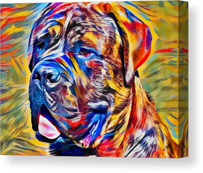 English Mastiff Canvas Print featuring the digital art English Mastiff head close-up - colorful zebra pattern painting by Nicko Prints
