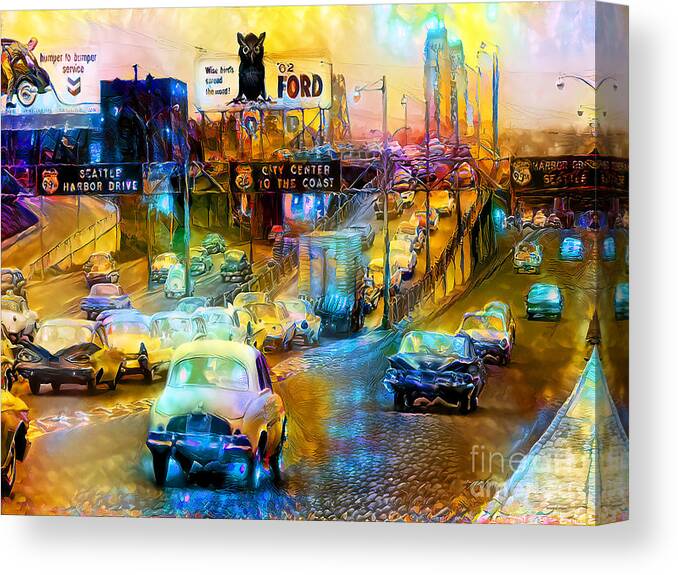 Wingsdomain Canvas Print featuring the photograph Evening Commute Along Harbor Drive Portland Oregon In The Vintage Fifties 20201125 v2 by Wingsdomain Art and Photography