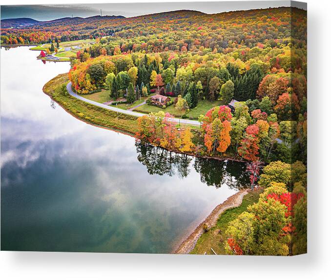 Aerial Canvas Print featuring the photograph Fall Colors by the Lake 3 by Rich Isaacman