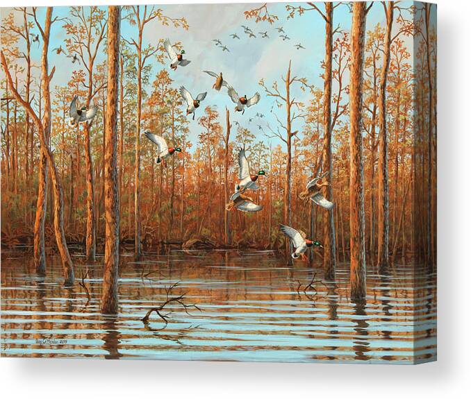 Mallards Canvas Print featuring the painting Fall Follies by Guy Crittenden