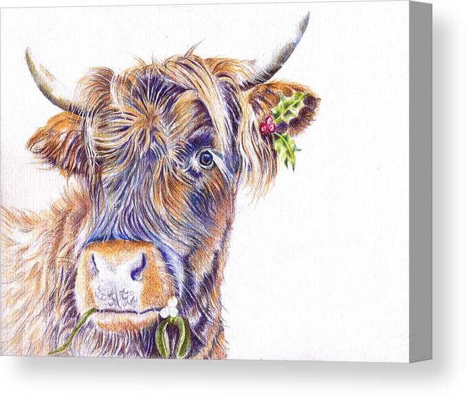 Highland Cattle Canvas Print featuring the painting Festive Highland Cow by Debra Hall