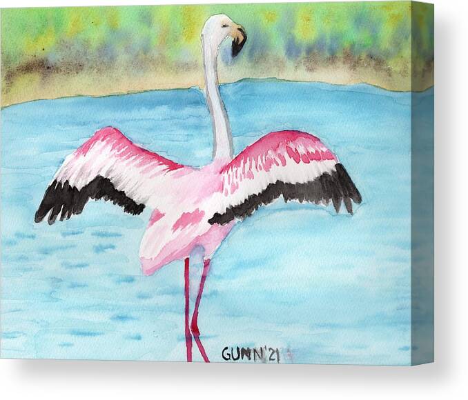 Flamingo Canvas Print featuring the painting Flapping Flamingo by Katrina Gunn