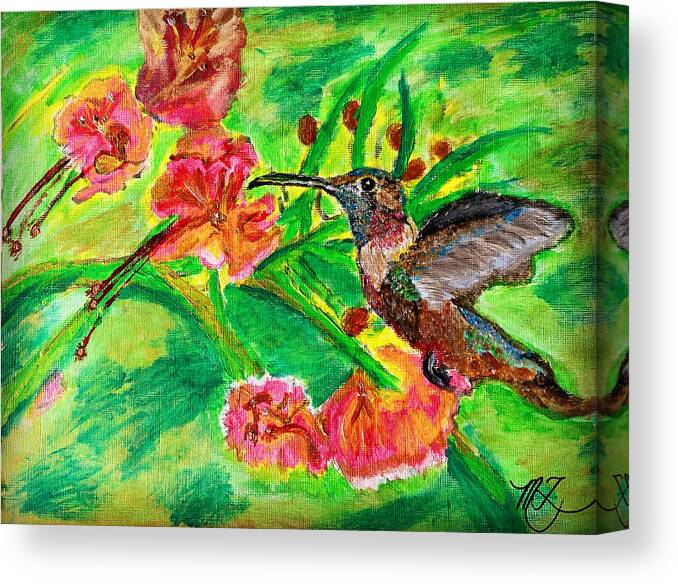 Hummingbird Canvas Print featuring the painting Hummingbird Enjoying Flower's Nectar by Melody Fowler