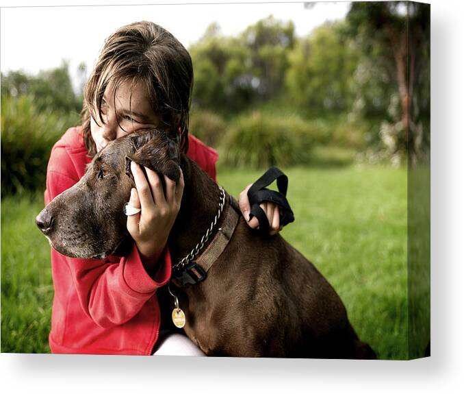 Pets Canvas Print featuring the photograph Girl with dog in country field by Michael Hall