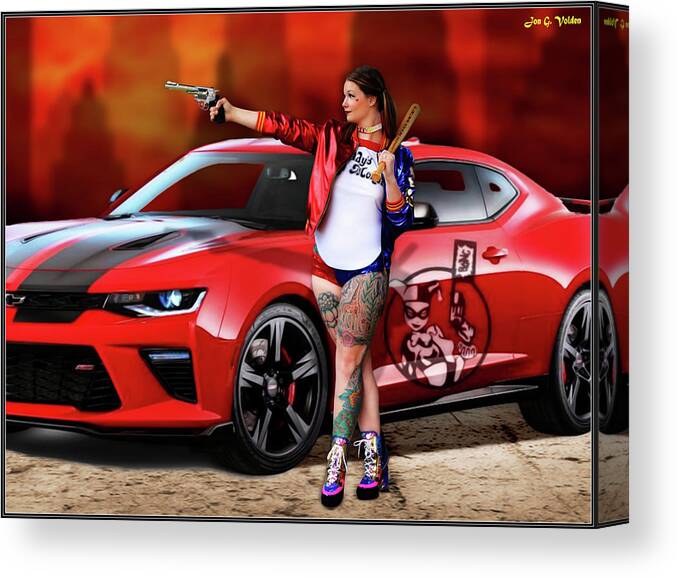 Harley Canvas Print featuring the photograph Harley Quinn Pistols and Car by Jon Volden