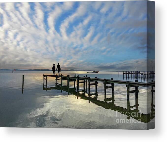Heavenly Perception And Earthly. Wooden Pier Over Water A Surrealistic Adventure Canvas Print featuring the photograph Heavenly Perception by David Zanzinger