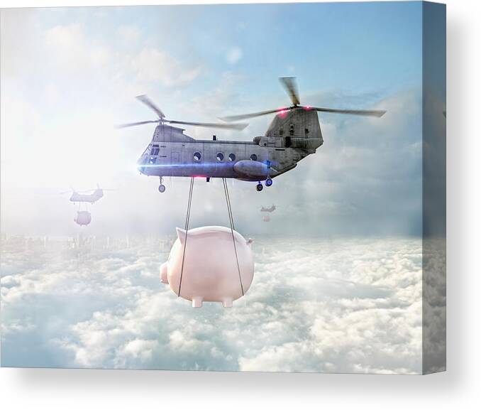 Coin Canvas Print featuring the photograph Helicopters carrying piggy banks over clouds by Colin Anderson Productions pty ltd