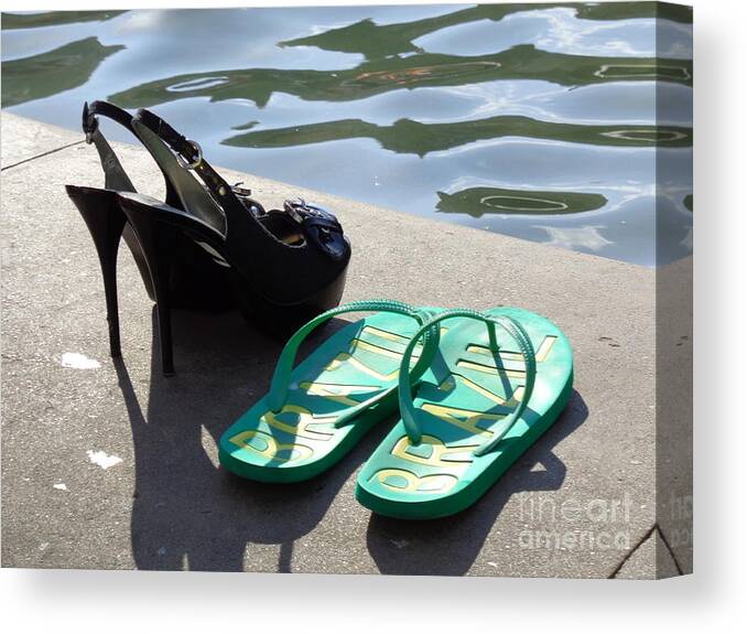 Shoe Canvas Print featuring the photograph High Heels vs. Bathing Slippers by Thomas Schroeder