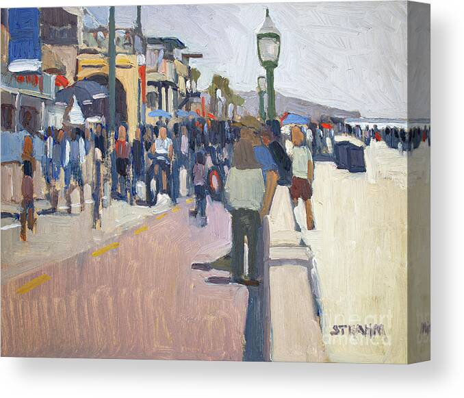 Mission Beach Canvas Print featuring the painting Holiday Weekend at Mission Beach - San Diego, California by Paul Strahm
