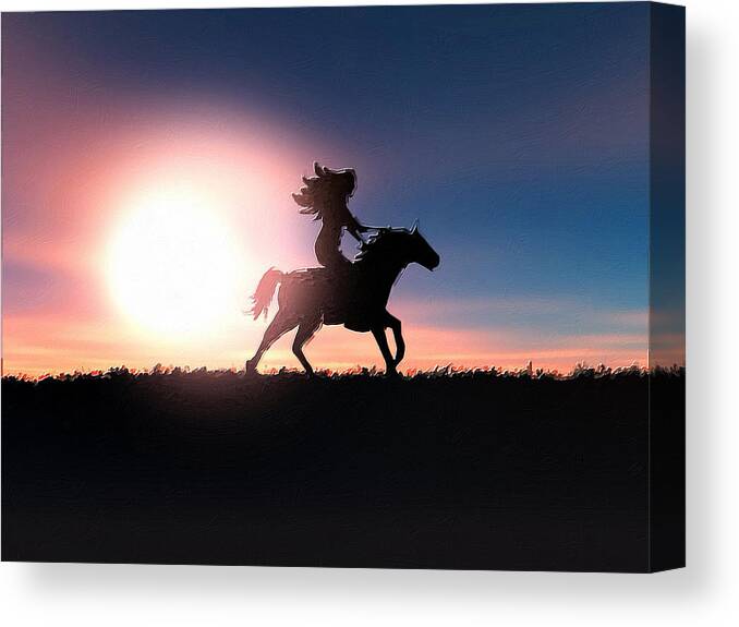 Horse Canvas Print featuring the painting Horse Rider Sunset The West by Tony Rubino