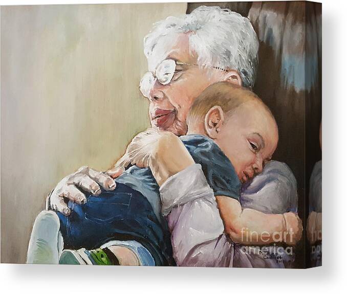 Hug Canvas Print featuring the painting Hugs from Great Grandma by Merana Cadorette