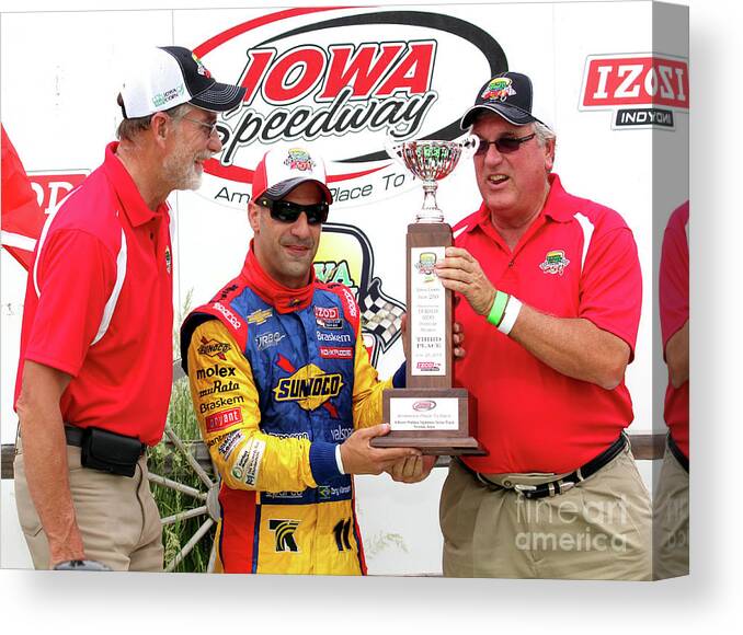 Indycar Canvas Print featuring the photograph Indycar Iowa Speedway 2013 Tony Kanaan and Iowa Corn Representatives by Pete Klinger
