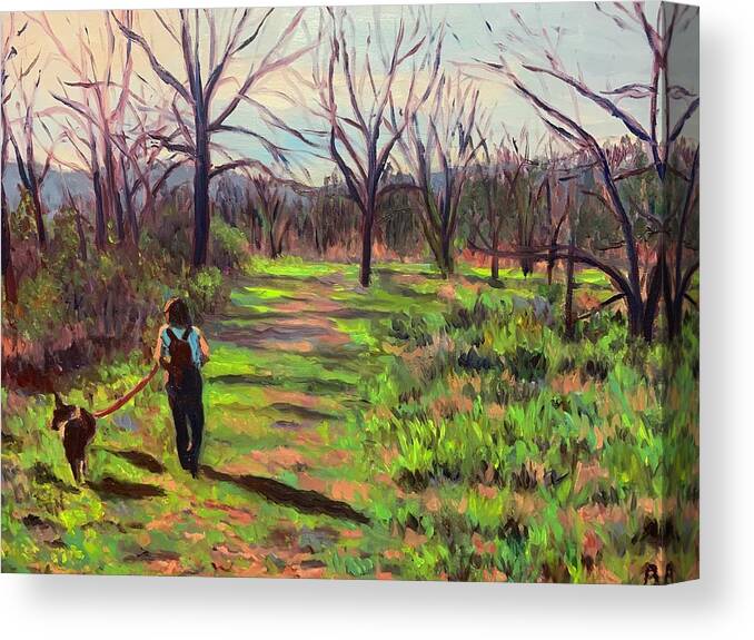 Woods Trees Woman Dog Canvas Print featuring the painting Into the Woods by Beth Riso