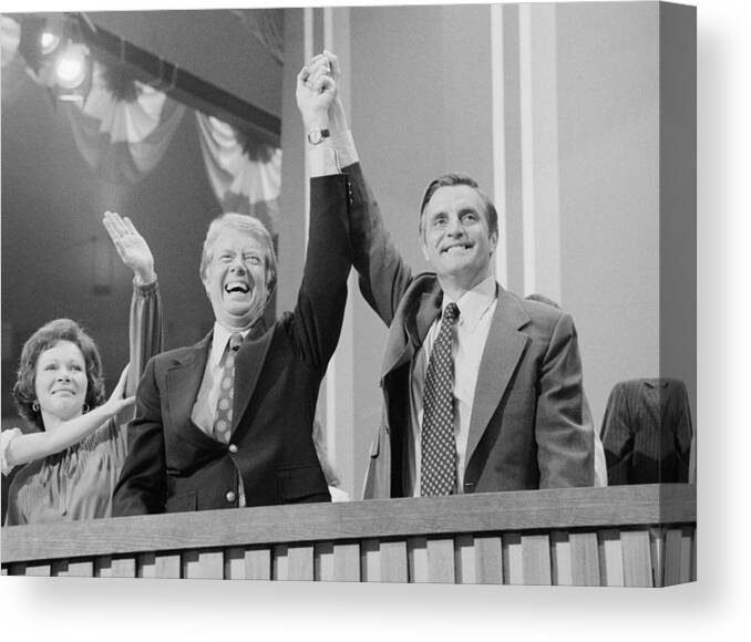 Jimmy Carter Canvas Print featuring the photograph Jimmy Carter and Walter Mondale - DNC In New York 1976 by War Is Hell Store