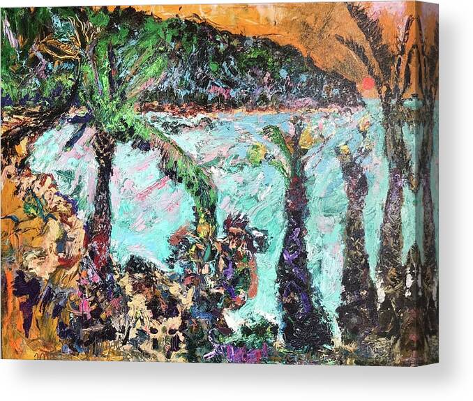 Mana Of Primitive Kahuna In The Surf And Surrounding Landscape Of Waialua Bay. Showing Ka’ena Point On North Shore Of Canvas Print featuring the painting Kahuna Surf by Jeffrey Scrivo