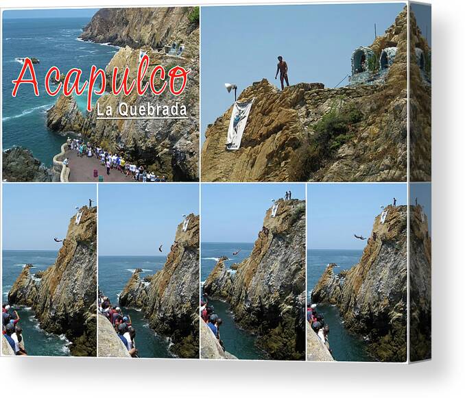 Acapulco Canvas Print featuring the photograph La Quebrada cliff divers collage poster by Tatiana Travelways