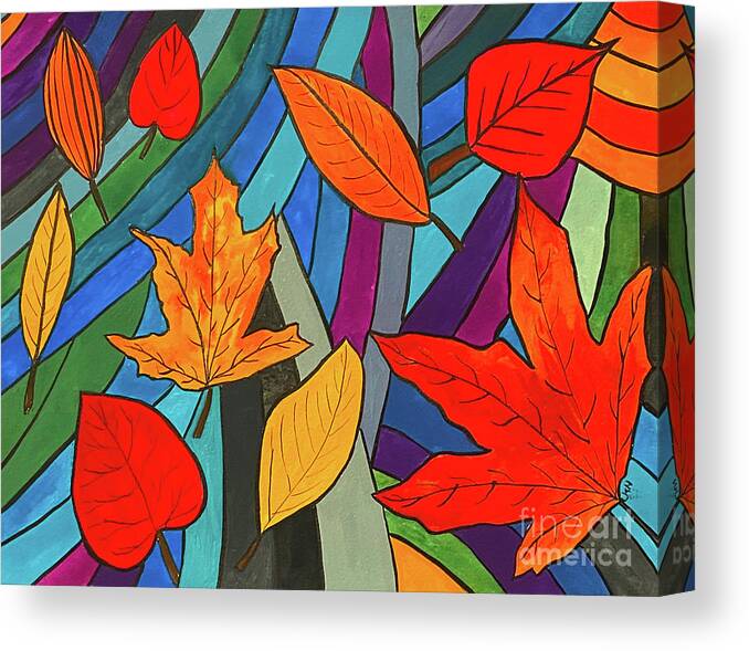 Leaves Canvas Print featuring the mixed media Leaves and Stripes by Lisa Neuman