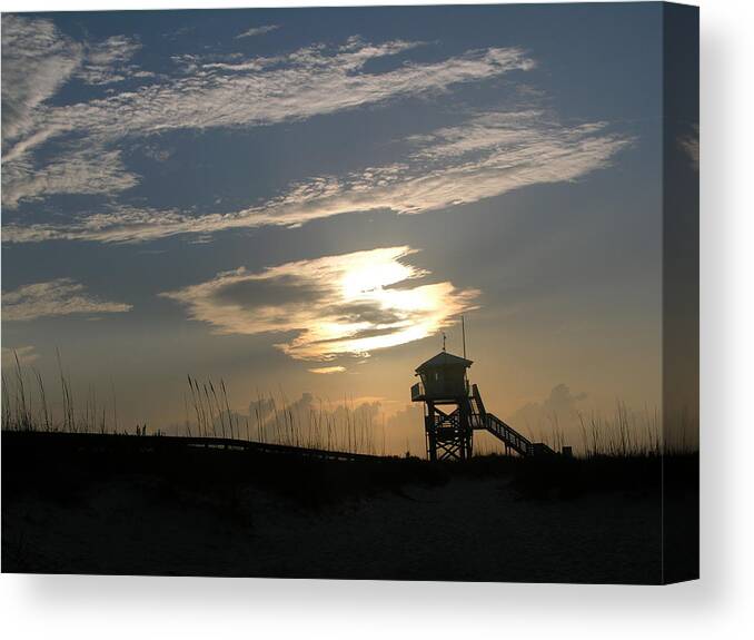 Photography Of The Beach Canvas Print featuring the photograph Lifeguard tower at dawn by Julianne Felton