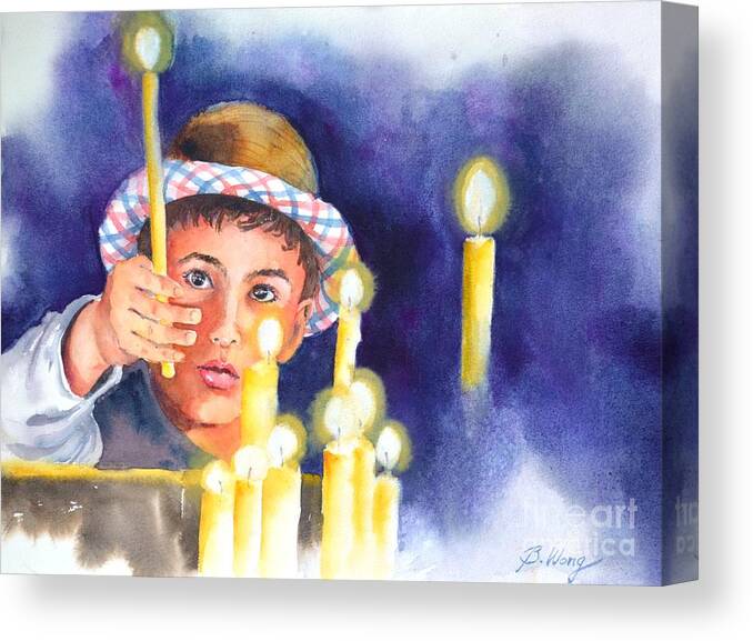 Boy Canvas Print featuring the painting Lighting candles by Betty M M Wong