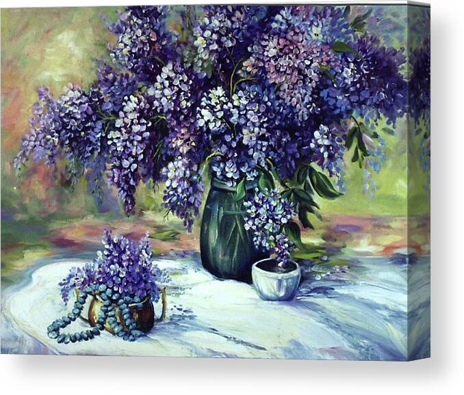 Still Life Of Lilacs And Indian Beads Canvas Print featuring the painting Lilacs wealth by Caroline Patrick