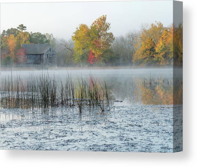 Autumn Canvas Print featuring the photograph Misty Autumn Morning At Batsto Lake and Mill by Kristia Adams
