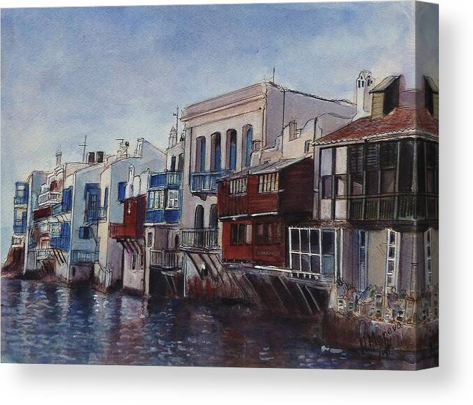 Architecture Canvas Print featuring the painting Mykonos, Greece by Henrieta Maneva