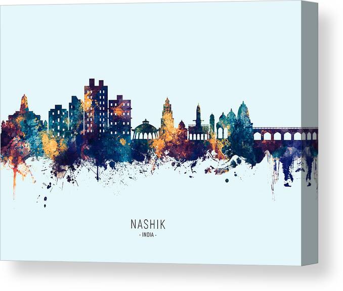 Nashik Canvas Print featuring the digital art Nashik Skyline India #53 by Michael Tompsett