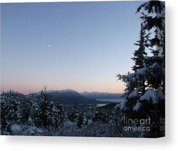 #evening #dusk #sunset #moon #alaska #juneau #ak #cruise #tours #vacation #peaceful #moon #camping #snow #winter #cold Canvas Print featuring the photograph Nightfall at John Muir cabin by Charles Vice