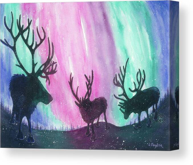 Reindeer Canvas Print featuring the painting North Pole Nightlife by Lori Taylor