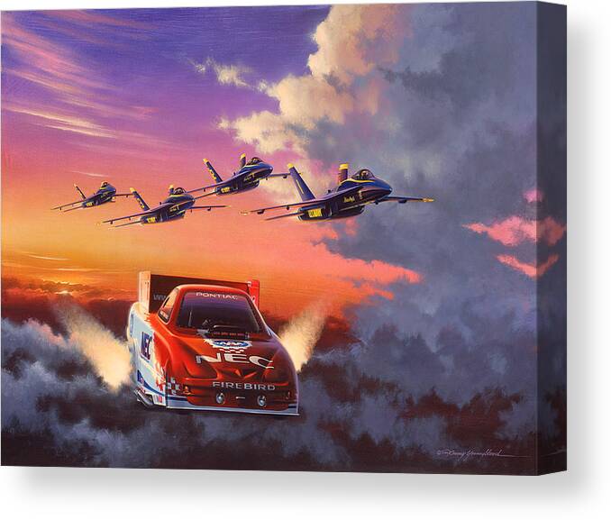 Drag Racing Nhra Top Fuel Funny Car John Force Kenny Youngblood Nitro Champion March Meet Images Image Race Track Fuel Gary Densham Blue Angels Us Air Force. Canvas Print featuring the painting On Angels Wings by Kenny Youngblood