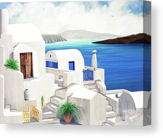 Santorini Canvas Print featuring the painting SANTORINI AT OIA-prints of 0il painting small-large and products by Mary Grden