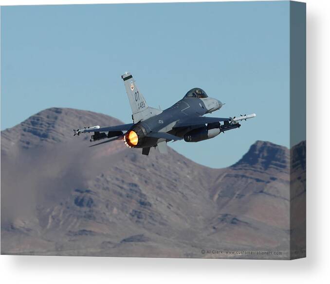 Falcon Canvas Print featuring the photograph OT F-16 88-0423 departing 21L at Nellis AFB by Custom Aviation Art