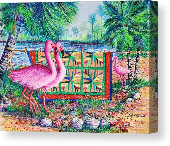 Palm Quilt Canvas Print featuring the painting Palm Quilt Flamingos by Diane Phalen