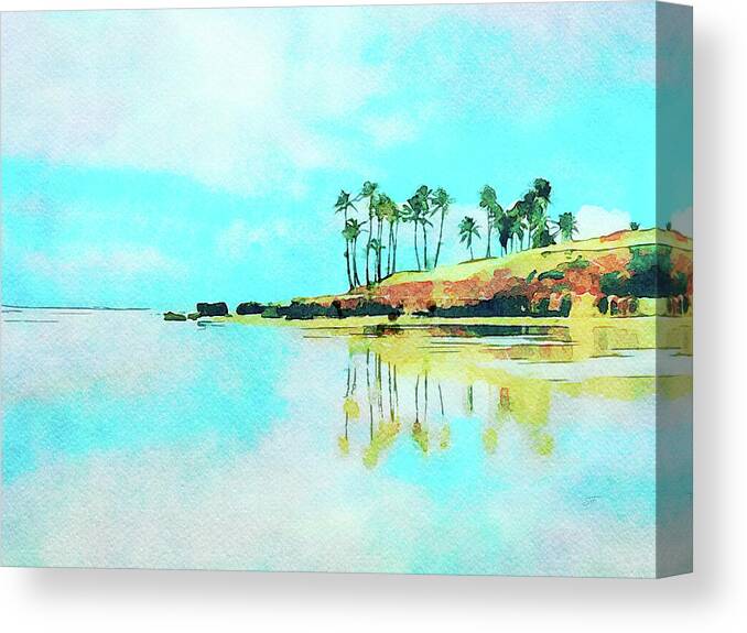 Watercolor Canvas Print featuring the digital art Palm Trees on the Coast of Brazil Watercolor Painting by Shelli Fitzpatrick