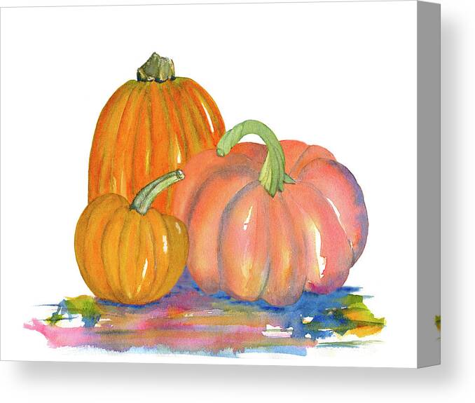 Pumpkins Canvas Print featuring the painting Three Harvest Pumpkins by Deborah League
