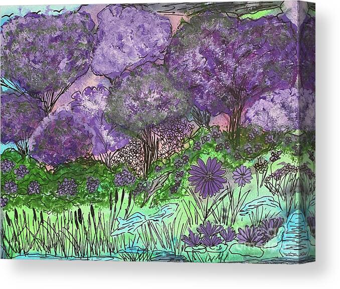 Purple Canvas Print featuring the mixed media Purple Doodle Scene by Lisa Neuman
