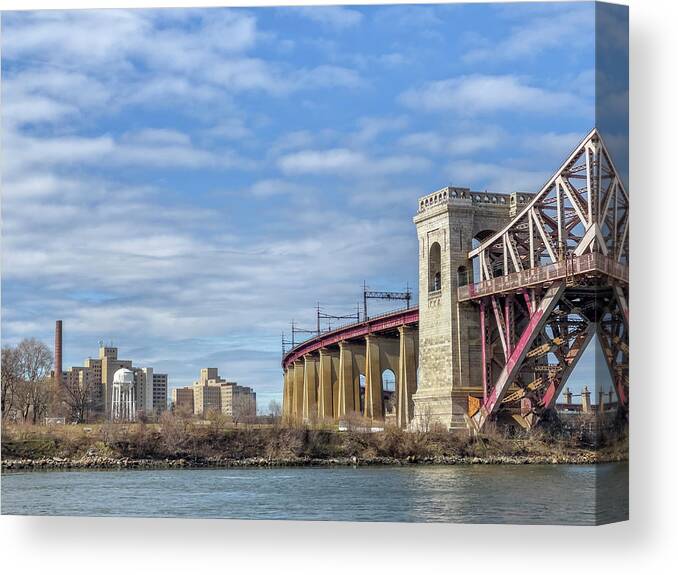 Astoria Park Canvas Print featuring the photograph Randalls Island and Hell Gate Bridge by Cate Franklyn