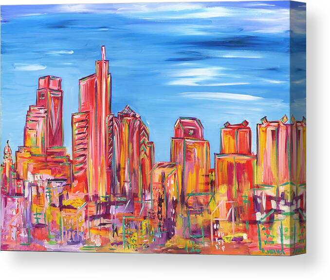 Philly Canvas Print featuring the painting Red and Blue Philadelphia Skyline by Britt Miller