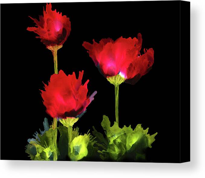 Red Canvas Print featuring the painting Red Poppies on Black Background Alcohol Ink Painting by Deborah League