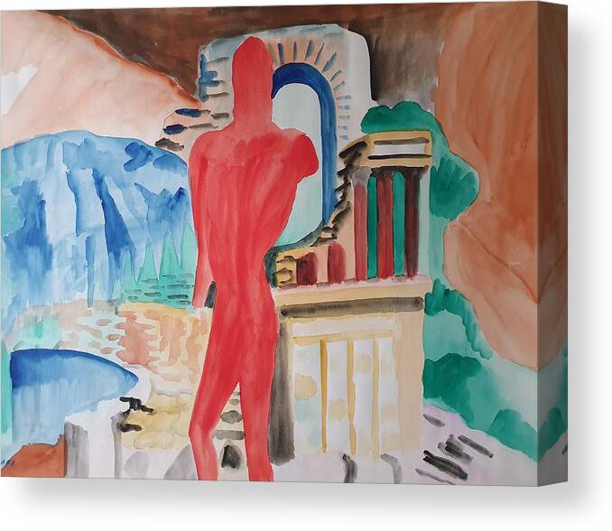 Classical Greek Sculpture Canvas Print featuring the painting Red Warrior and the Temple by Enrico Garff