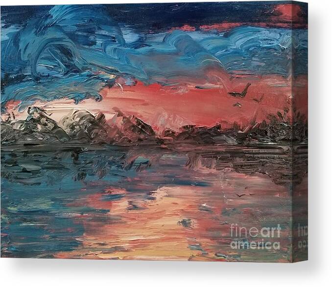 Nighttime River Oil Painting Canvas Print featuring the painting River at Dusk in Oil by Expressions By Stephanie