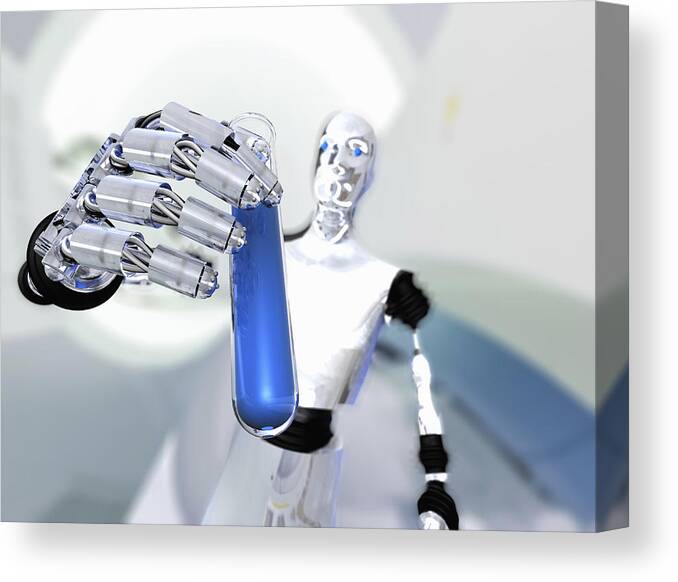 Distorted Image Canvas Print featuring the photograph Robot holding up test tube with blue liquid by Cultura RM Exclusive/KaPe Schmidt
