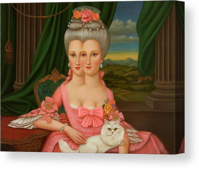 A Surreal Portrait Of A Roccoco Lady In A Classical Setting Canvas Print featuring the painting Two heads are better than one by Colette Calascione