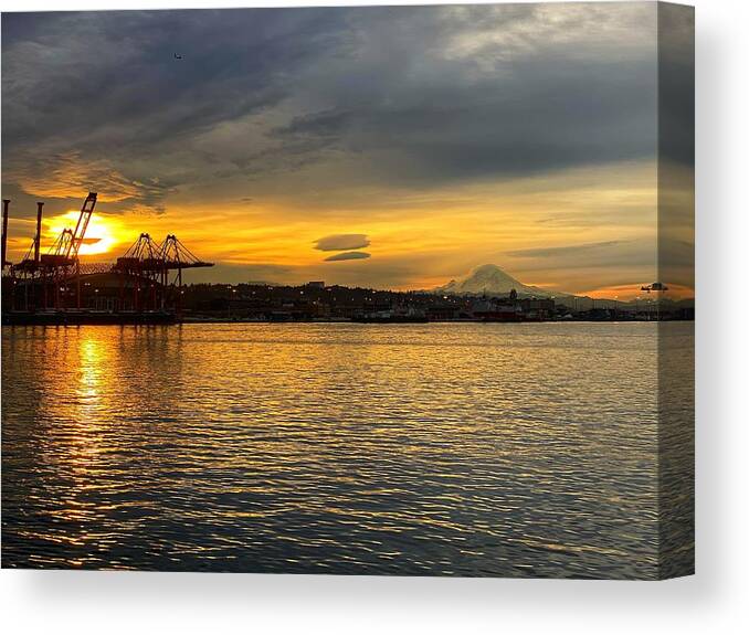 Sunrise Canvas Print featuring the photograph Seattle Waterfront and Mt Rainier Sunrise by Jerry Abbott