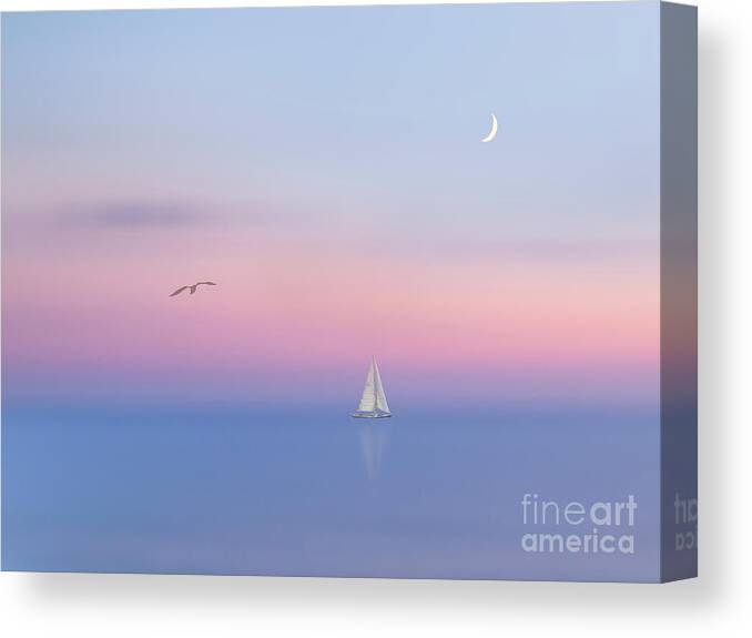 Sail Sunset Soft Gentle Calmness Serenity Relaxation Restful Triangles Moon Bird Landscape Scenery Seascape Ship Boat Beautiful Delicate Touching Emotional Impressionism Impression Alone Lonely Loneliness Solitude Delightful Romantic Fairy Poetic Magical Still Spiritual Nostalgic Inspirational Uplifting Blue Pink White Minimal Minimalist Minimalism Sailing Three Ocean Relax Sweet Dreamy Dream Timeless Foggy Misty Pleasing Appealing Painterly Artistic Watercolor Pastel Fantasy Peaceful Dawn Dusk Canvas Print featuring the photograph Serenity by Tatiana Bogracheva
