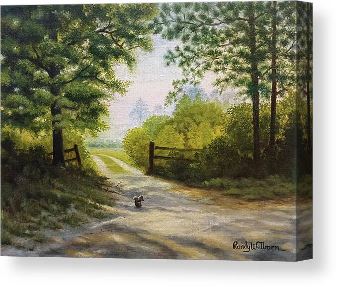 Squirrel Canvas Print featuring the painting Shadows on a Sandy Road by Randy Welborn