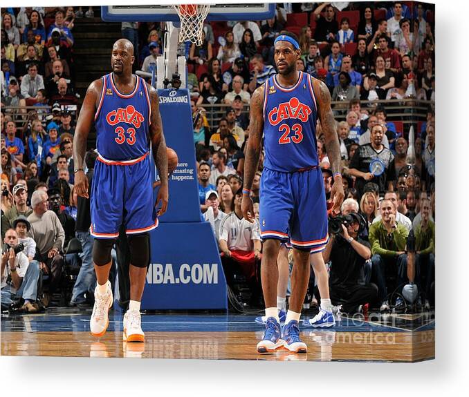 Nba Pro Basketball Canvas Print featuring the photograph Shaquille O'neal and Lebron James by Fernando Medina