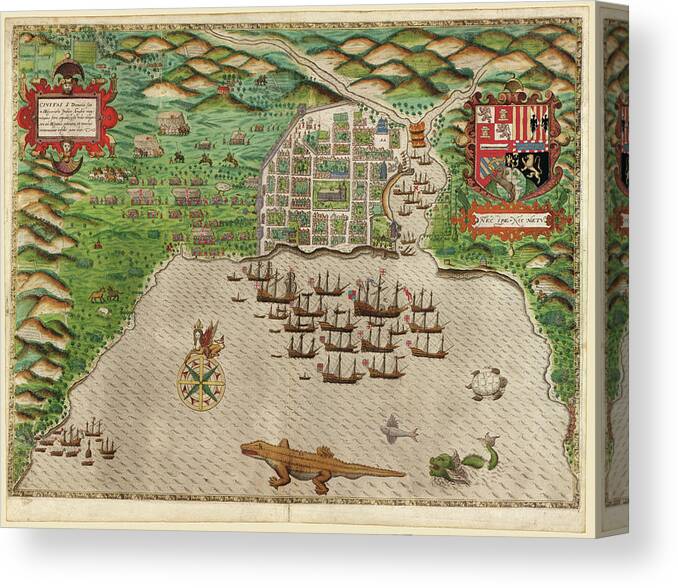 Maps Canvas Print featuring the drawing Sir Francis Drakes West Voyage to the West Indies Santo Domingo 1589 by Vintage Maps