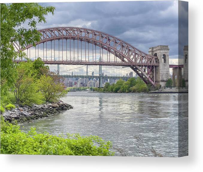 Astoria Park Canvas Print featuring the photograph Slate Grey Sky and Hell Gate Bridge by Cate Franklyn