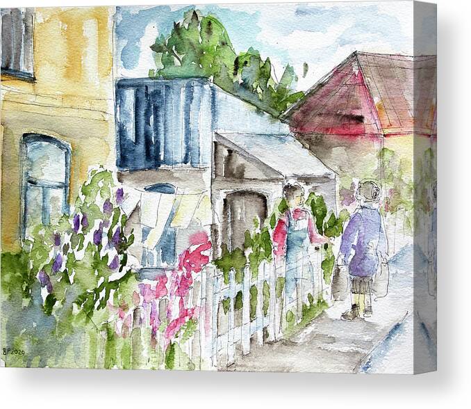 Summer Canvas Print featuring the painting Some Gossip At The Fence by Barbara Pommerenke
